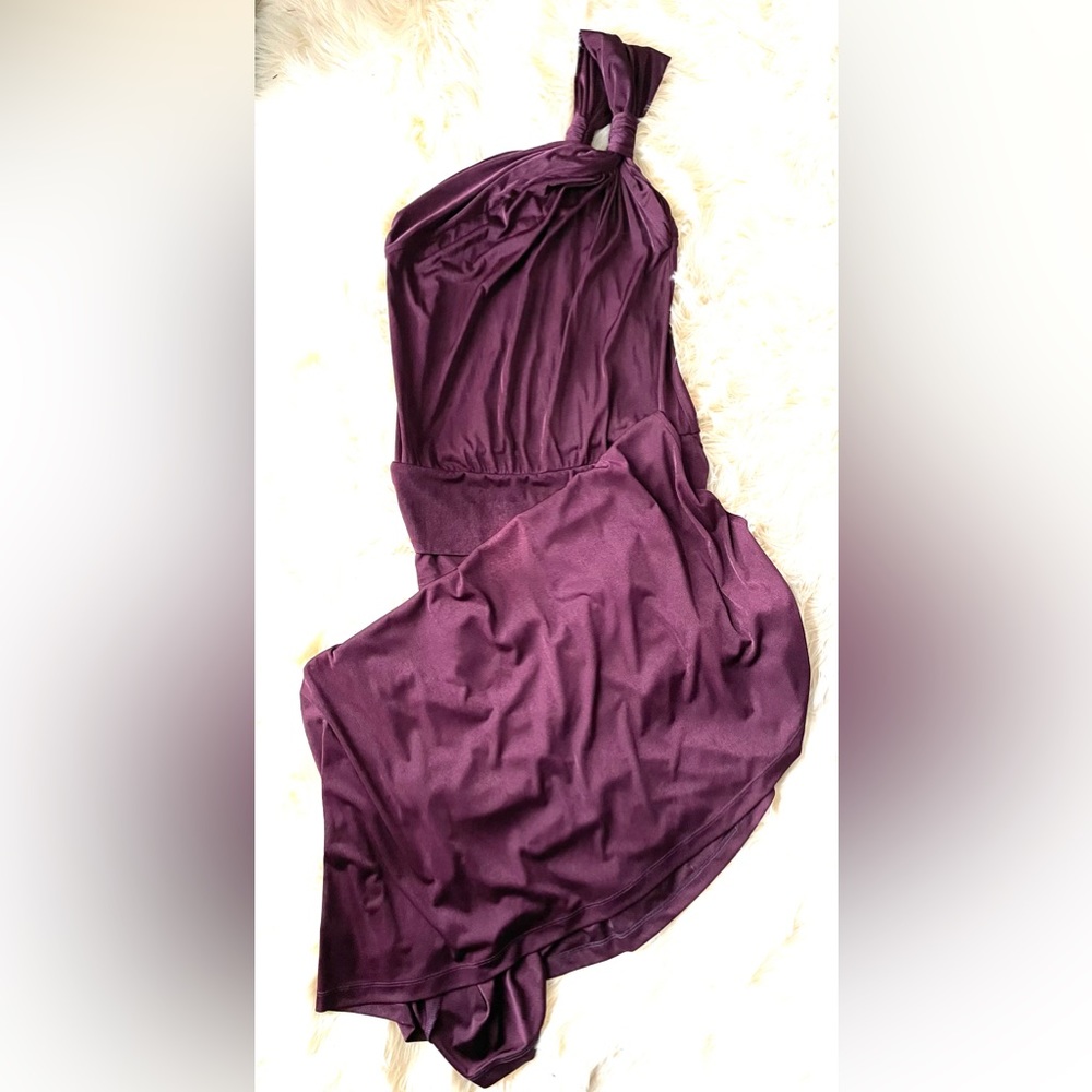Eggplant one shoulder maxi dress.